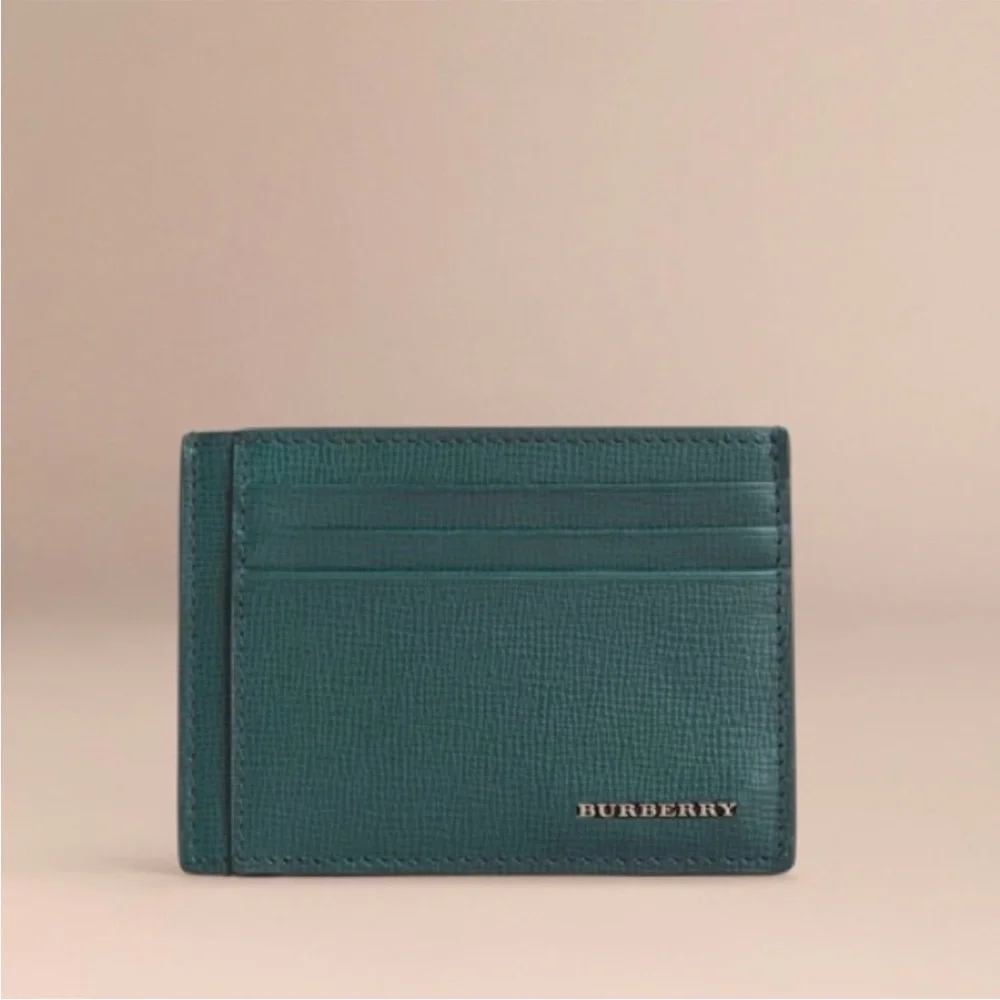BURBERRY London Leather Card Case Wallet in Dark Teal, NEW